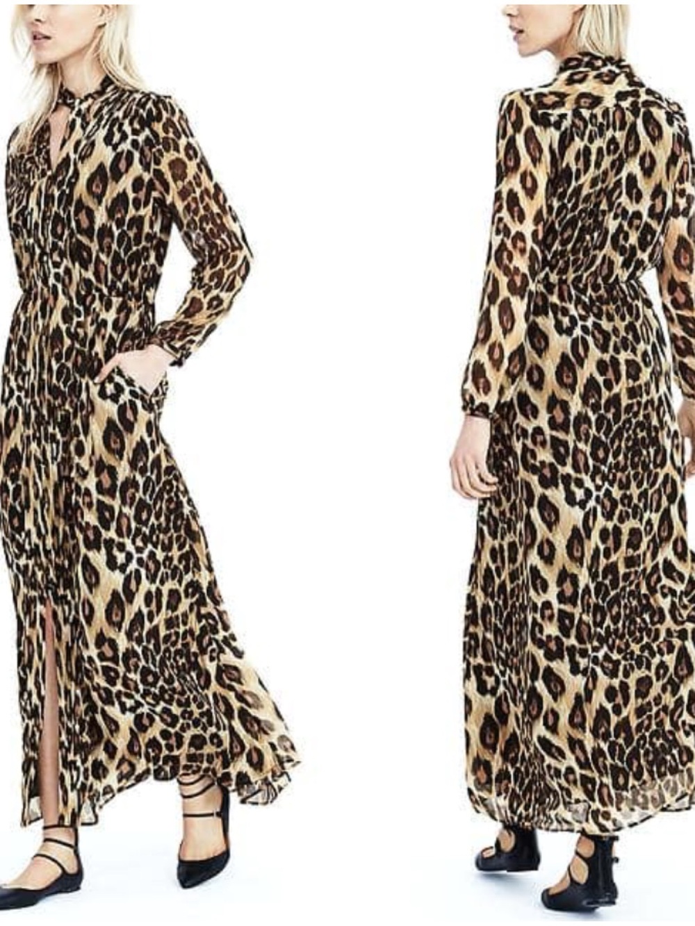 Banana Republic Leopard Print Maxi Dress S Petite Long Sleeve